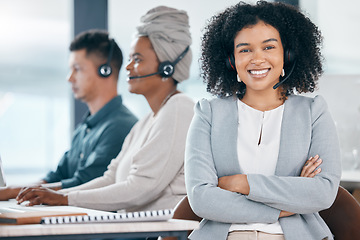 Image showing Call center, customer service and leadership with a female manager or boss working in the office with her team. Crm, contact us and management with a business woman at wok in a telemarketing agency