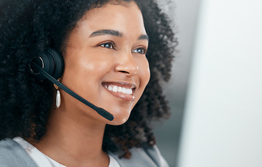 Image showing Call center, customer service and sales with a woman consulting using a headset in her office. Face, contact us and crm with a telemarketing female working as a consultant for help or support