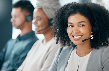 Image showing Call center, customer service and telemarketing with a woman consultant and team working in the office. Crm, contact us and support with a female employee using a headset for help or consulting