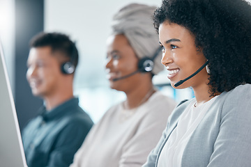 Image showing Call center, contact us and woman in telemarketing customer support services talking and consulting clients. Smile, communication and happy sales agent working on a computer helping with loan advice