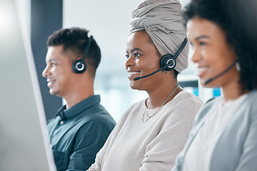 Image showing Call center, telemarketing and diversity customer service consultant team with headset at pc desk inside crm office. Man and women contact us and sales staff for support and marketing with a smile