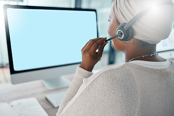 Image showing Telemarketing consultant, woman and computer with green screen for product placement, mockup or digital marketing. CRM, customer service help and phone call, black woman in call center or contact us.