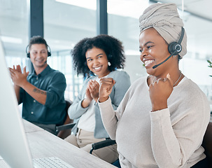 Image showing Call center, celebration and success for target, sales or win of telemarketing and customer service consultant with team applause in office. Man and women support staff team happy about crm feedback