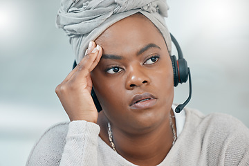 Image showing Call center, headache and black woman with depression, stress and burnout from working in consulting. Sad, tired and thinking customer service employee with anxiety, work problem and mistake in crm