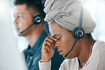 Image showing Burnout, call center and customer service consultant with headache after long hours consulting, working and doing online support. Telemarketing, contact us and black woman with mental fatigue problem