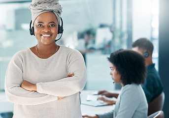Image showing Contact us, call center and portrait of customer service consultant ready for work, customer support or online help desk. Confidence, telecom agent and sales success for telemarketing black woman