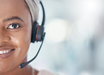 Image showing Call center, headset and portrait of agent in the office ready to work. Black woman consultant in customer service, crm and support for clients working in telemarketing, communication and help desk