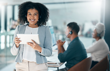 Image showing Tablet, call center and customer service with a woman consultant doing research for sales or telemarketing. Contact us, ecommerce and retail with a female consulting using a headset and online search