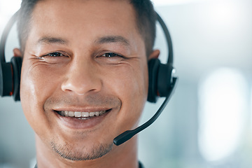 Image showing Call center, face portrait and man in customer service smiling and working in office. Crm, contact us and consulting agent at work with headset and friendly smile for support, help and telemarketing