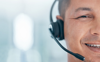 Image showing Call center, customer service and face portrait of consultant working, communication and consulting for customer support. Contact us, online help desk and telemarketing man happy with sales mockup