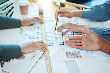 Image showing Hands, architect teamwork and design blueprint for building, architecture or construction project. Engineers, collaboration and group planning development project on drawing sketch with tape measure