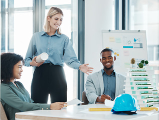 Image showing Model, presentation and architects meeting about construction, building and design for architecture. Workers talking about strategy for maintenance, renovation and 3d graphic for engineering at work