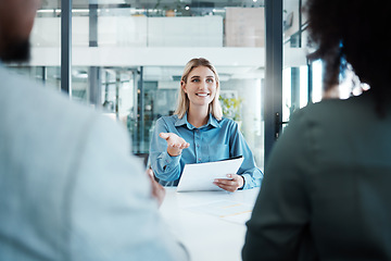 Image showing Meeting, planning and strategy with a business woman and team talking about company vision in the boardroom. Documents, teamwork and communication with a female employee in discussion with colleagues