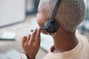 Image showing Communication, call center and contact us for our telemarketing consulting insurance agent at a help desk. African, customer support and black woman networking, listening and talking to clients