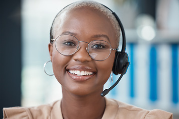 Image showing Black woman, call center and smile in portrait, consultant and glasses with headset for communication. Contact us, crm and customer support with happy, girl or face in customer service, help or agent