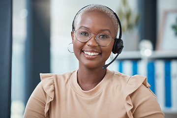 Image showing Call center, contact and smile with portrait of black woman in telemarketing, customer support and communication. Consulting, contact us and networking with employee working on kpi, crm and sales