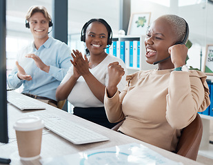 Image showing Celebration, call center and business people with success, achievement and goal in the office. Happy, diversity and telemarketing employees clapping hands and celebrating online sale in the workplace
