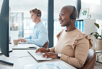 Image showing Black woman, customer support and service with a smile working for digital call center or online telemarketing business. Crm consultant at office desk, helping customer and searching pc for solution