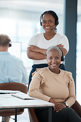 Image showing Happy, black woman and call center team smile in contact us, customer service or telemarketing at the office. Portrait of African American professional female consulting agents in support management