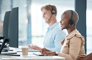 Image showing Call center, consulting and employees in sales, giving support and in communication with people on internet with computer. Happy, smile and customer service workers talking on web for telemarketing