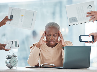 Image showing Office, stress or headache of black woman with hands holding documents, calculator or phone. Burnout, fatigue and frustrated finance marketing girl in panic for deadline demand of people.