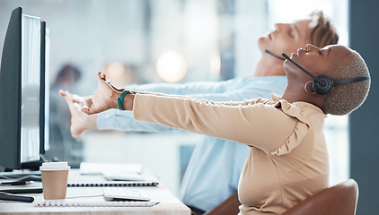 Image showing Call center, team and stretching for work in customer service, contact us or telemarketing business at the office. Man and woman consultant in arm or hand stretch for calm stress relief by computer