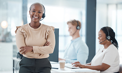 Image showing Happy black woman, call center and contact us for customer service and telemarketing insurance agents at help desk. Smile, communication and team leader working for a global telecom sales company