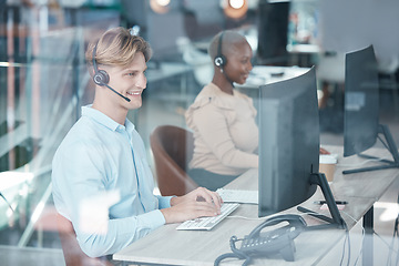 Image showing Call center, people and typing at computer desk for customer service consultant communication. Contact us, technical support or telemarketing with satisfied smile of workers online in office.