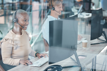 Image showing Contact us, telemarketing and crm, a black woman in customer service with headset and smile on face. Happy to help, call center agent or sales consultant on phone call, support and consulting online.