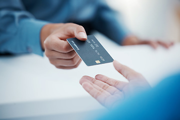 Image showing Corporate hands exchange credit card to accountant for payment for company tax bills, money loan and accounting fees. Businessman with banking card to invest in financial savings budget investment