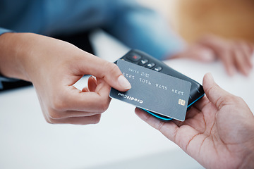 Image showing Credit card, payment and nfc with the hand of a customer scanning a chip for a purchase in a retail store. Finance, money and fintech with a consumer paying using wireless technology for shopping