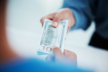 Image showing Hands cash money exchange, payment and pay bills business purchase transaction. Closeup of dollars, consumer paying financial investment and businessman service finance deal or loan repayment