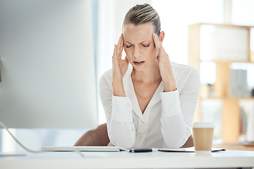 Image showing Work stress, headache and office burnout of a business woman experience a computer glitch. Working employee with a 404, audit and online problem feeling anxiety and mental health issue at her job
