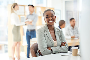 Image showing Portrait, business woman and proud leader working at corporate job in office, happy and excited. Black woman, ceo and vision for success with lady smile, relax and confident with diverse colleagues