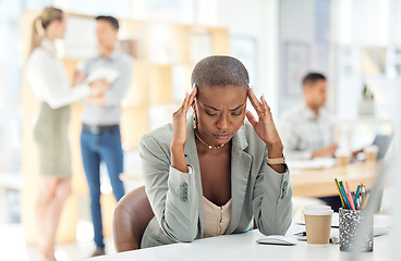 Image showing Black woman, stress and headache being overworked, experience burnout and frustrated with work at desk in office. Female employee, girl and business with mental health, feeling pain and exhausted.