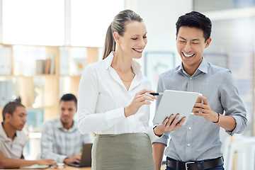 Image showing Business employees with tablet in meeting, people in corporate working together in Toronto or happy strategy planning. Professional white woman, happy asian man in tech job or company collaboration