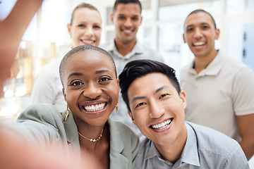 Image showing Diversity, business people selfie and team portrait, group and digital marketing collaboration or seo team building. Happy workplace, smile together and teamwork with technology and connection.