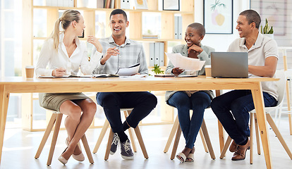 Image showing Communication, planning and employees meeting about marketing, business and collaboration with documents. Young, happy and workers with smile for information on paper and strategy for corporate work