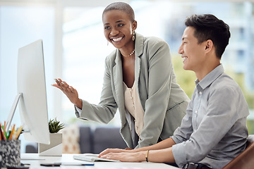 Image showing Mentor, manager and teamwork with a business woman training a male employee in the office. Meeting, management and support with an African female leader teaching or coaching an asian man at work