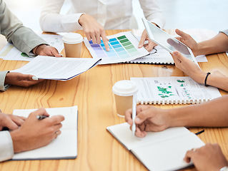 Image showing Hands, finance and meeting with a team around a table in the boardroom to talk strategy or planning. Documents, teamwork and investment with a financial employee group working together in the office
