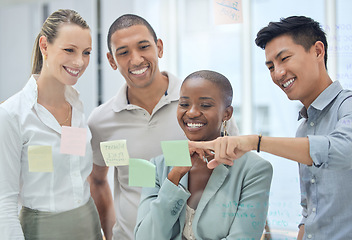 Image showing Business people, sticky notes or strategy planning on glass wall in creative marketing office, advertising or growth schedule. Smile, happy or teamwork diversity collaboration thinking of brand goals