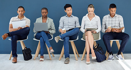 Image showing People in office waiting room, business interview for company in Toronto and we are hiring employee diversity. Human resources recruitment, career opportunity in hr reception and resume cv queue