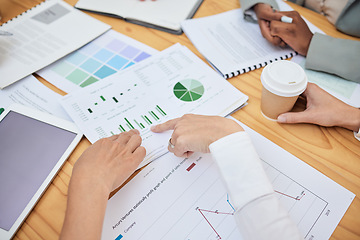 Image showing Top view, finance data and hands of business people working on charts, graphs and statistics. Strategy, planning and teamwork of group in collaboration for office research, analytics and analysis.