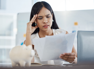 Image showing Work stress, headache and business woman with office documents working on a tax audit. Asian employee feeling anxious with job burnout about company report deadline and staff policy information