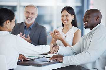 Image showing Handshake, b2b and welcome with team clapping, meeting and smile for deal, collaboration and teamwork at a office. Thank you, partnership and business people trust company support for goal or target