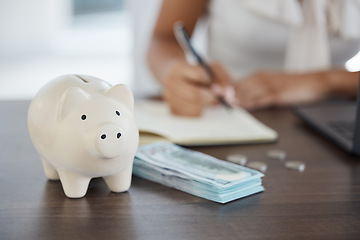 Image showing Piggy bank, money and woman mortgage loan savings planning or wealth growth economy. Finance accounting worker, retirement investment insurance and budget security strategy development in office