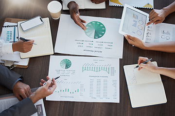 Image showing Revenue, finance and hands of business people in meeting planning sales growth ideas for global financial profit increase. Accounting, finance and team of accountants working on company analytics