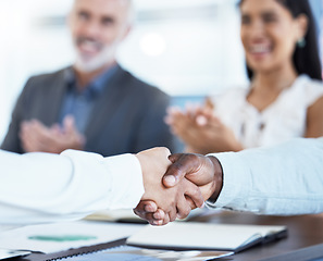 Image showing Business, partnership and handshake diversity deal with corporate partners clapping. Crm, meeting and team thank you hand gesture showing support, motivation and b2b success of teamwork and trust