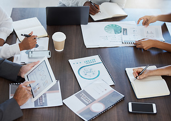 Image showing Business meeting, documents and team strategy growth of marketing staff working on a proposal. Corporate collaboration, teamwork and office work of a advertising employee group busy with job data