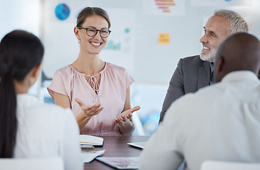 Image showing Business people, team and meeting discussion for idea, conversation or company solution in analysis at the office. Happy woman employee analyst sharing ideas in collaboration, teamwork or workshop